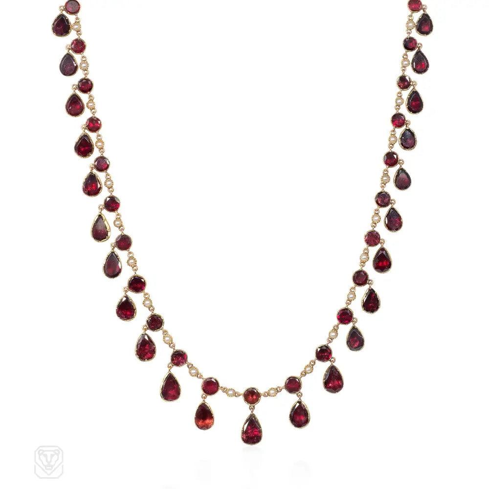 Gold Crystal Pendant Necklace-Antique garnet fringe rivière necklace