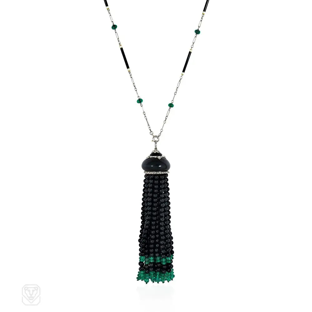 Gemstone Pendant Necklace-Art Deco French onyx, emerald, enamel, and diamond tassel necklace