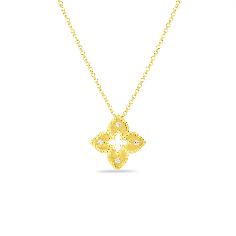 Designer Bar Necklace-18K YELLOW GOLD PETITE VENETIAN PRINCESS EXTRA SMALL SATIN & DIAMOND ACCENT FLOWER NECKLACE