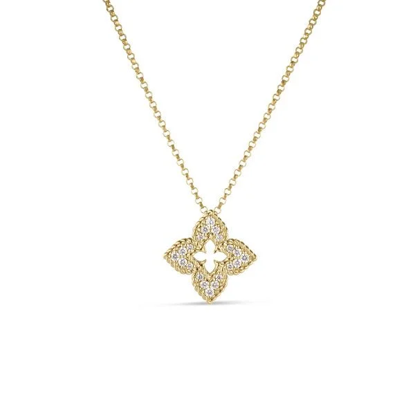 Adjustable Crystal Necklace-18K YELLOW GOLD VENTIAN PRINCESS SMALL DIAMOND PAVE FLOWER NECKLACE