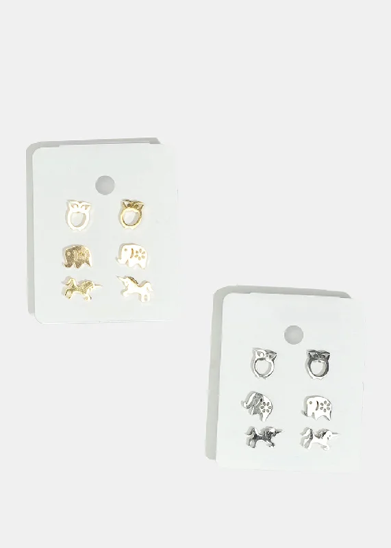 Eco-Friendly Earrings-3-Pair Animal Stud Earrings