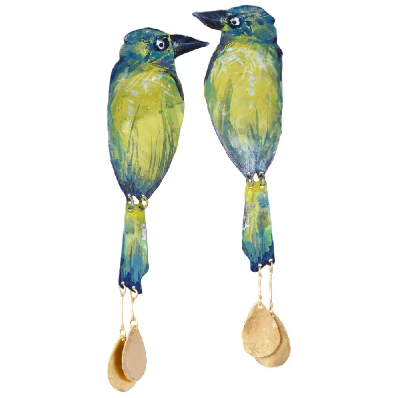 Silver Chain Drop Earrings-Hand-painted Motmot Earrings