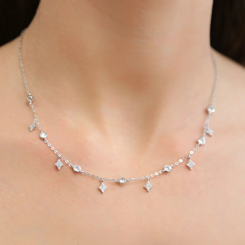 Trendy Silver Necklace-NOVA - Silver dainty chain Necklace with Cubic Zirconia Charms