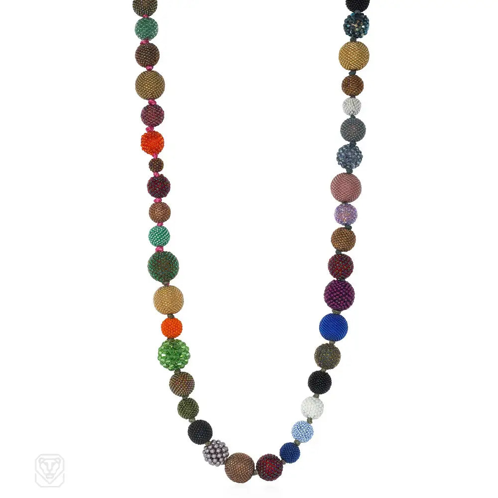 Natural Stone Necklace-A long multi-colored hand-beaded ball necklace comprising 52...