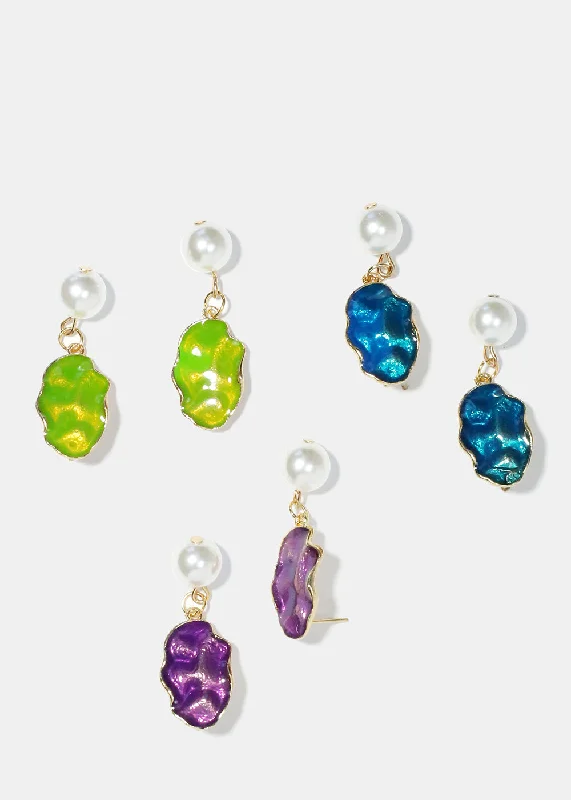 Small Gemstone Earrings-Pearl & Colorful Textured Dangle Earrings