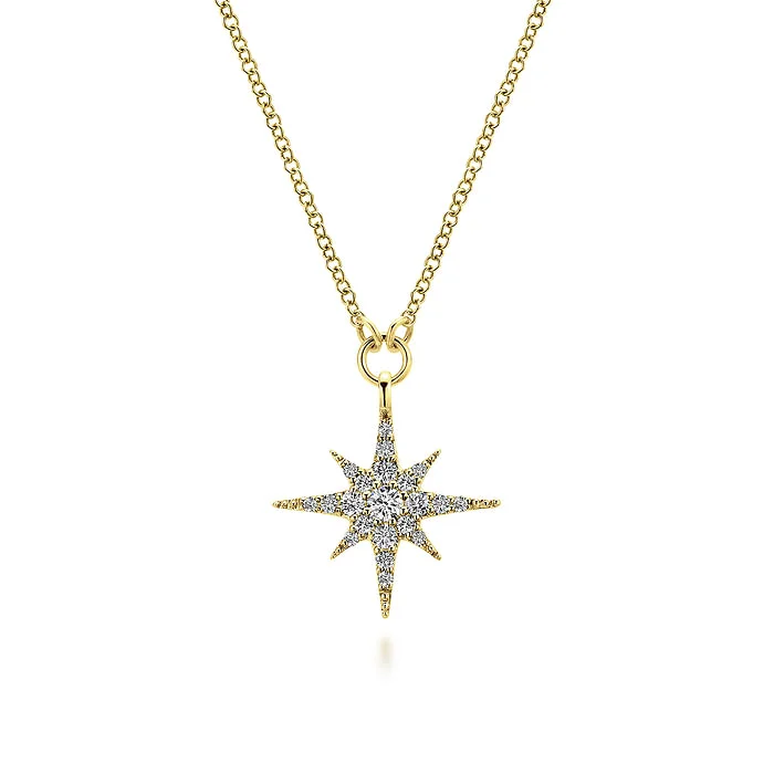 Layered Gemstone Necklace-14K Yellow Gold Diamond Starburst Pendant Necklace