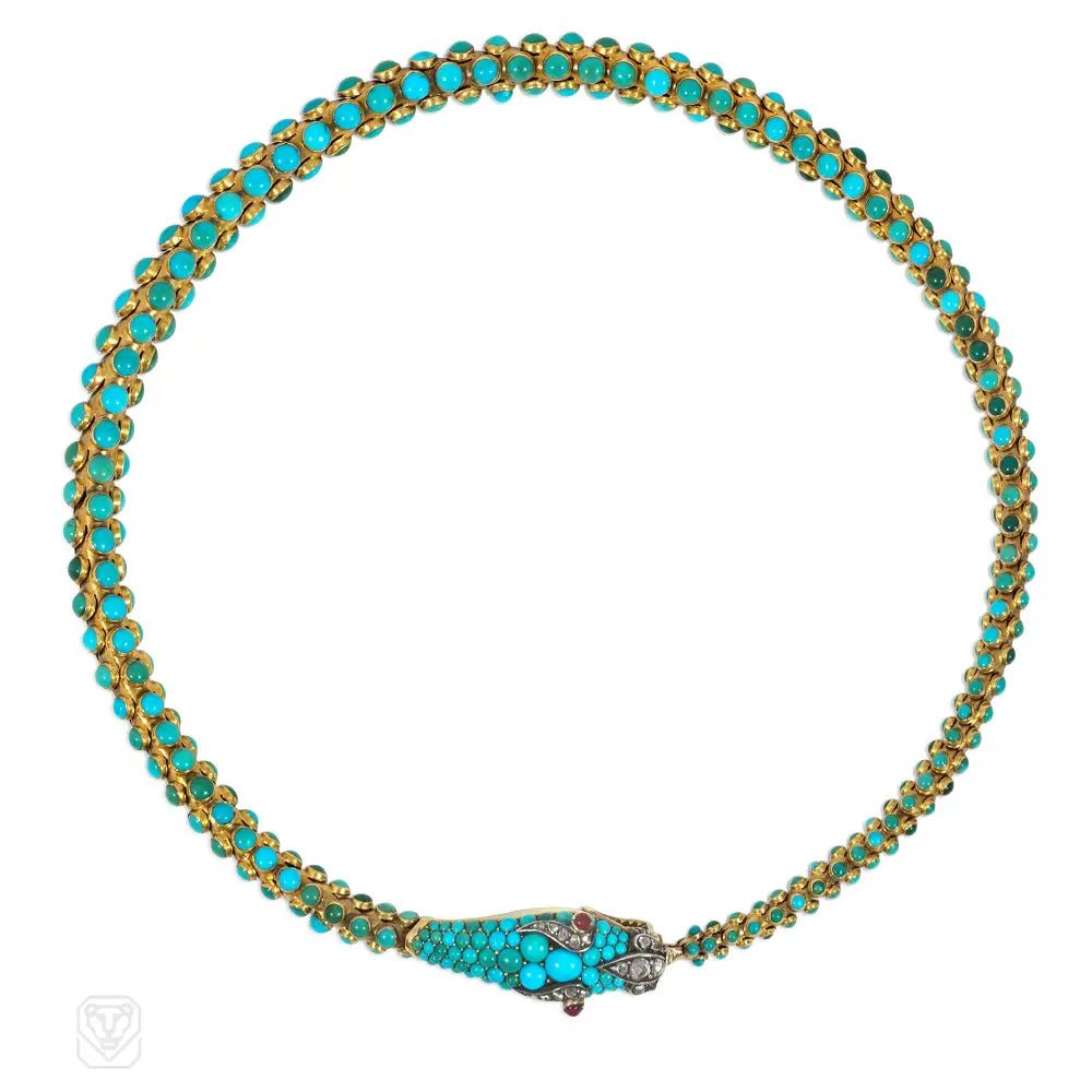 Wedding Necklace for Bride-Antique gold and turquoise snake necklace