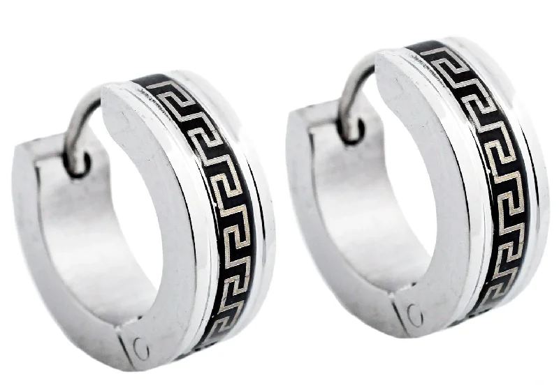 Gold Hoop Earrings-Mens 14mm Black And Stainless Steel Greek Key Hoop Earrings