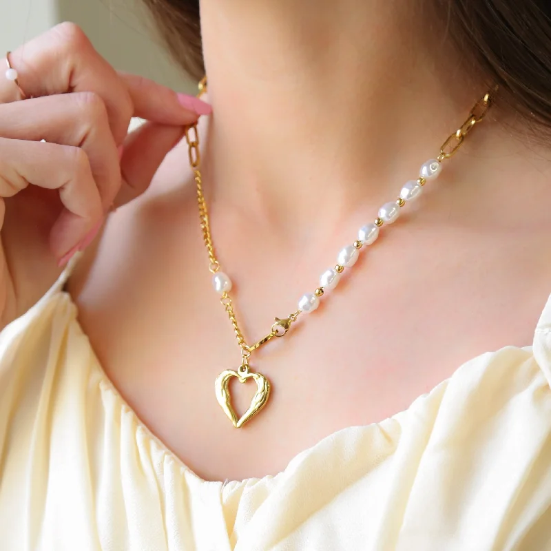 Silver Bar Necklace-FAMOUS - Gold Plated Heart & Pearl Necklace