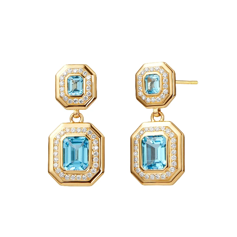 Silver Bead Drop Earrings-Blue Topaz Diamond Geometrix Earrings