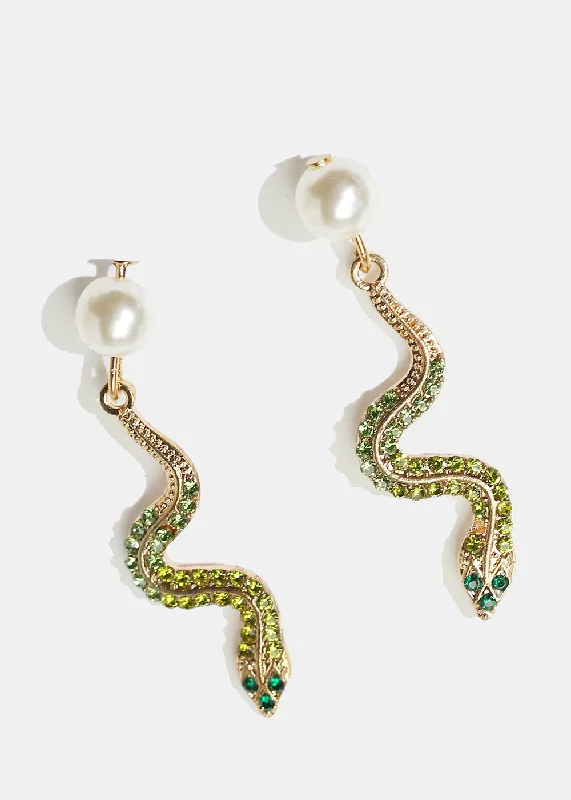 Minimalist Gold Earrings-Rhinestone & Pearl Snake Earrings