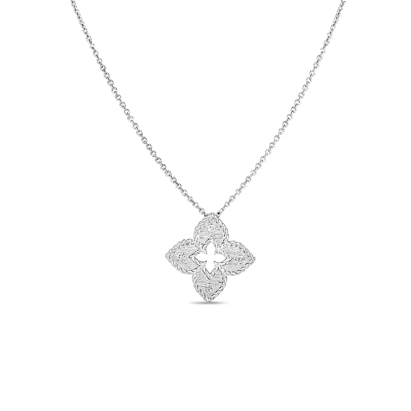 Personalized Gold Pendant Necklace-18K WHITE GOLD PETITE VENETIAN PRINCESS EXTRA SMALL SATIN & DIAMOND ACCENT FLOWER NECKLACE