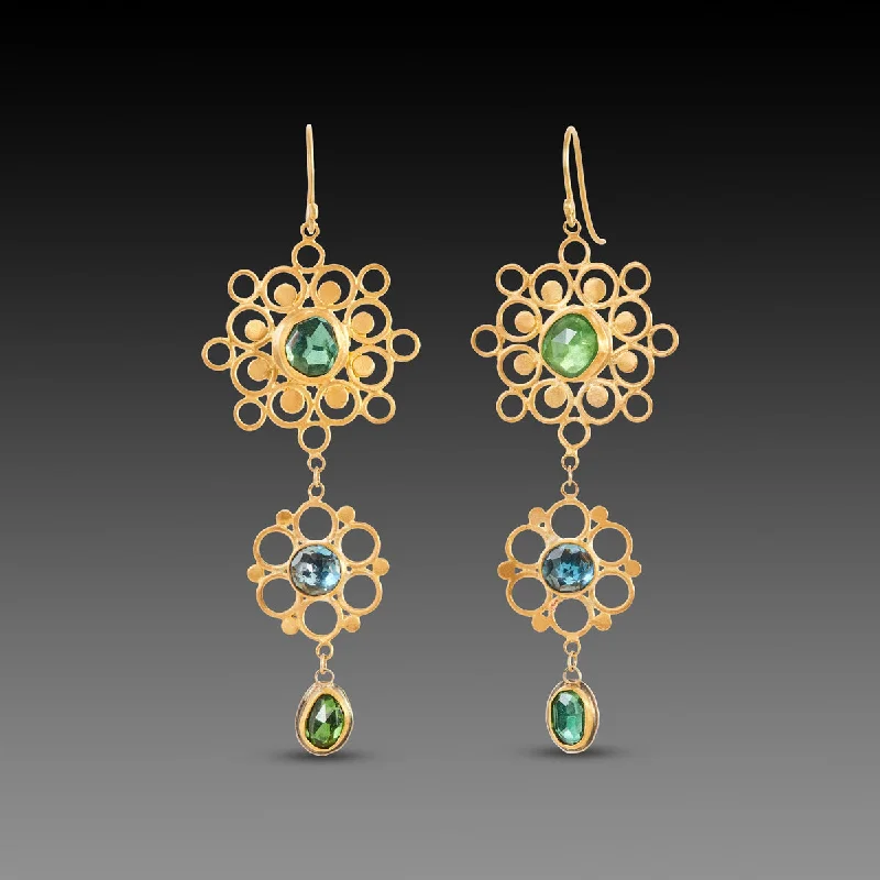 Turquoise Bead Earrings-Tourmaline and Topaz Filigree Earrings