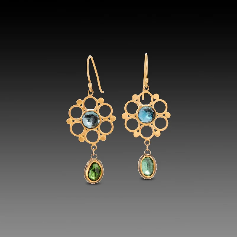 Gemstone Drop Earrings-Mandala Earrings with Topaz & Tourmaline