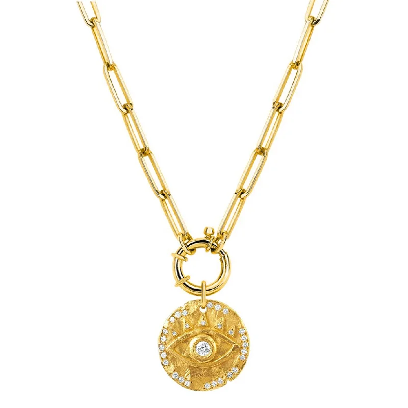 Trendy Gold Necklace-Alchemy Link Charm Necklace with 18k Diamond Eye of Protection Coin Charm