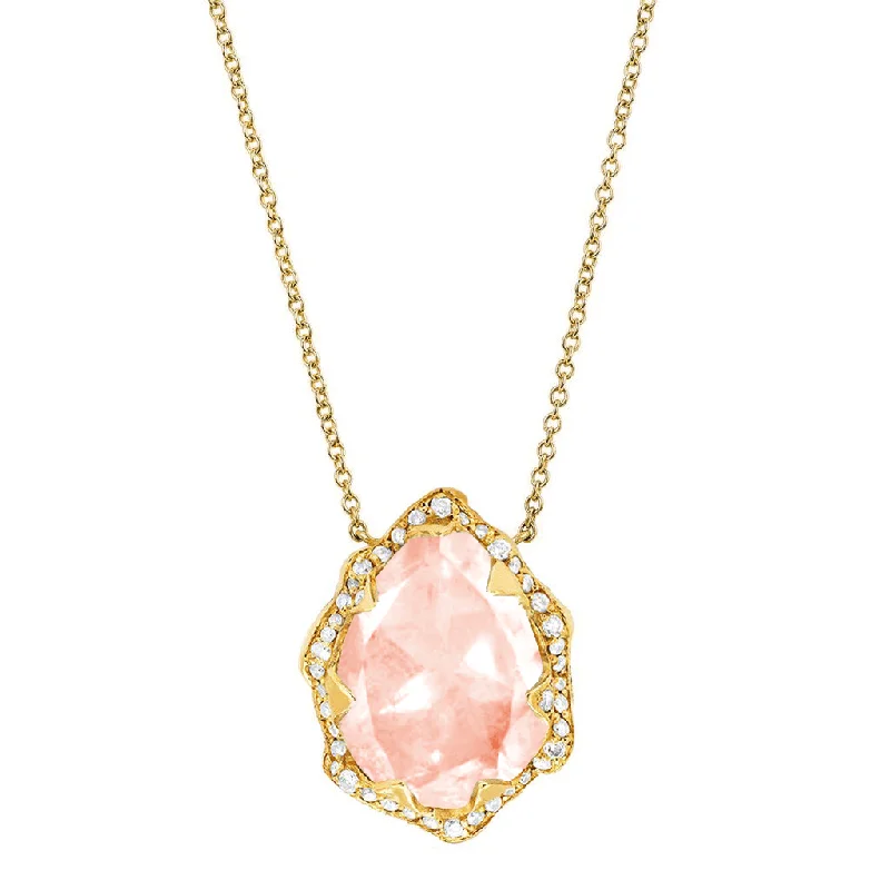 Luxury Gold Necklace-Queen Water Drop Morganite Necklace with Full Pavé Halo | Ready to Ship