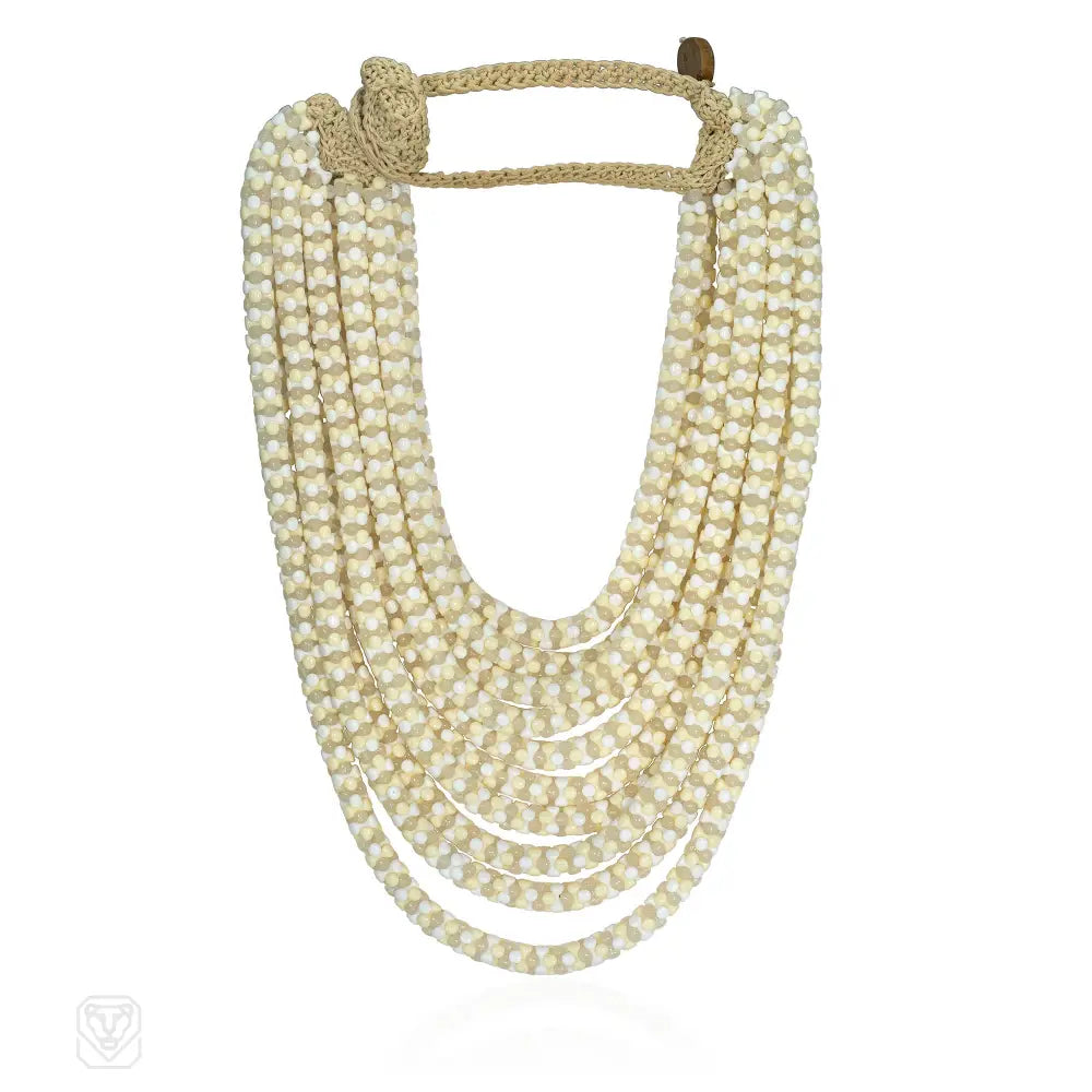 Elegant Gold Pendant Necklace-Multi-row handmade white and beige acrylic bead necklace