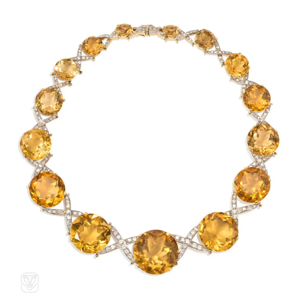 Eco-Friendly Necklace-Retro citrine and diamond X-form necklace