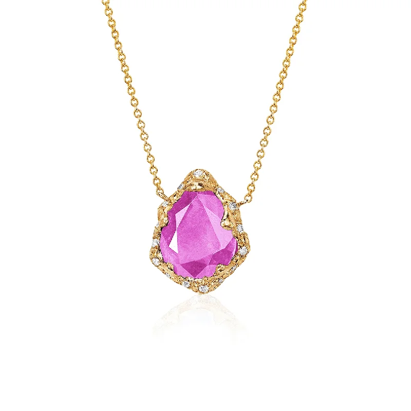 Small Gold Necklace-Baby Queen Water Drop Pink Sapphire Necklace with Sprinkled Diamonds