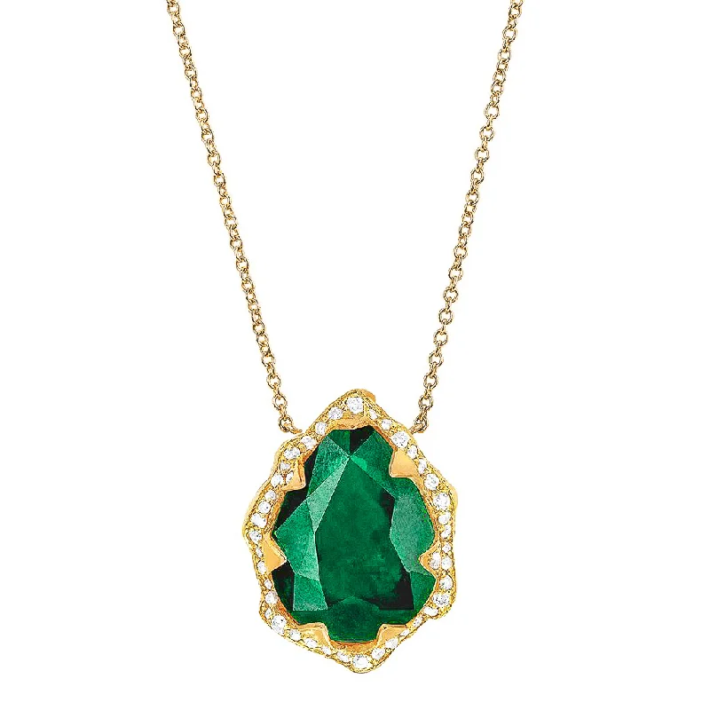 Simple Bar Pendant Necklace-Queen Water Drop Zambian Emerald Necklace with Full Pavé Diamond Halo