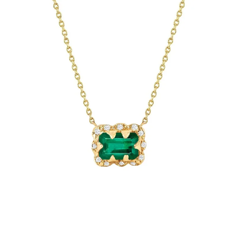 Diamond Pendant Necklace-Micro Queen Emerald Cut Emerald Necklace with Sprinkled Diamonds