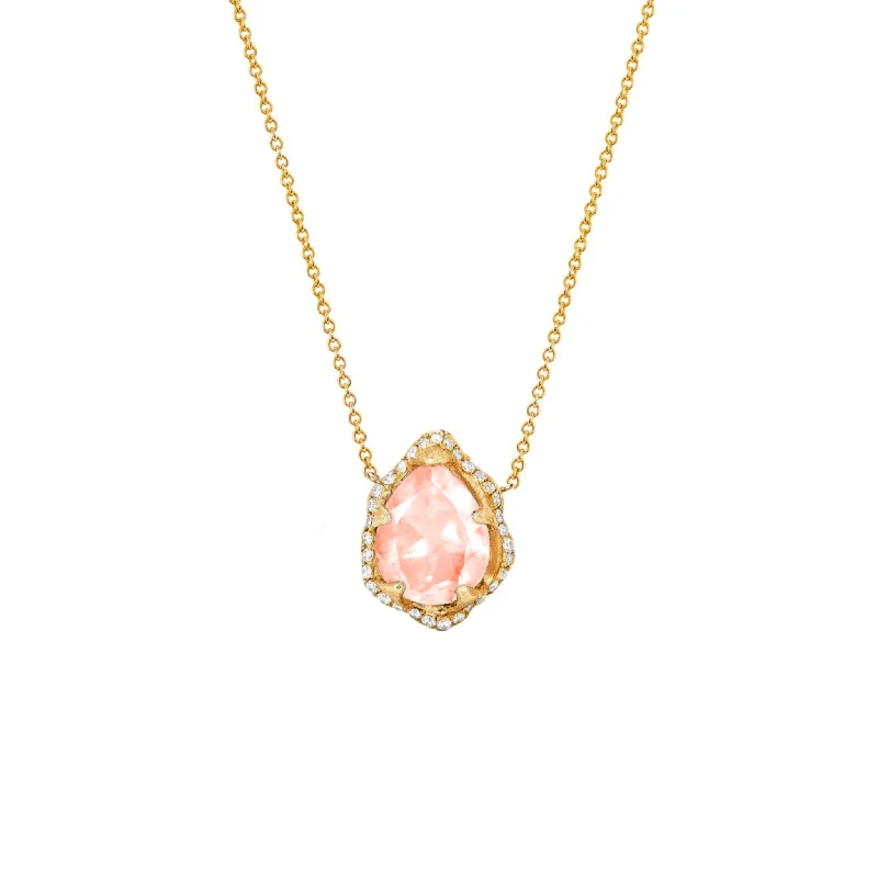 Cute Heart Necklace-Mirco Queen Water Drop Morganite Necklace with Full Pavé Halo