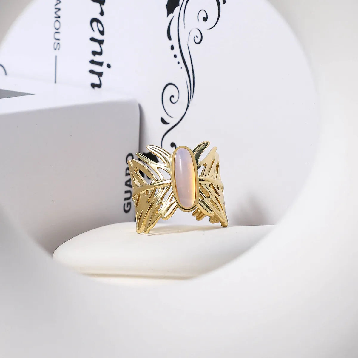 Rose Gold Band Ring-Vintage Style Simple Style Leaves Oval Stainless Steel Plating Hollow Out Inlay Glass Stone 14k Gold Plated Open Rings