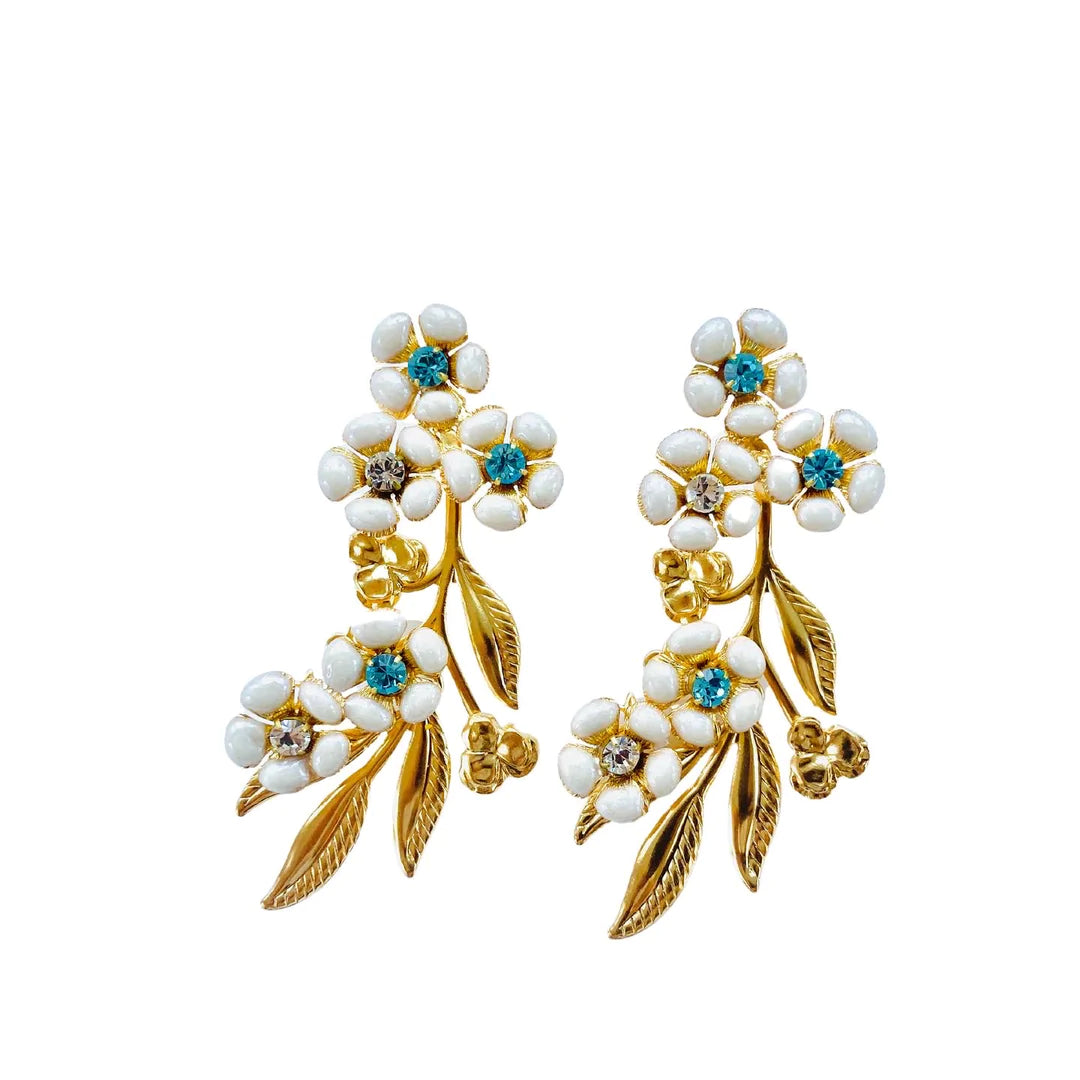 Beautiful Crystal Earrings-Falling White Turquoise Florals