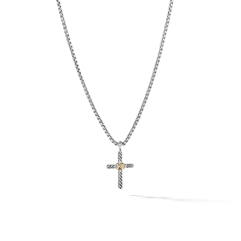 Simple Bar Necklace-Petite X Cross Necklace in Sterling Silver with 14K Yellow Gold\, 24mm