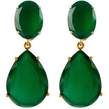 Gold Hoop Earrings-Green Onyx Drops