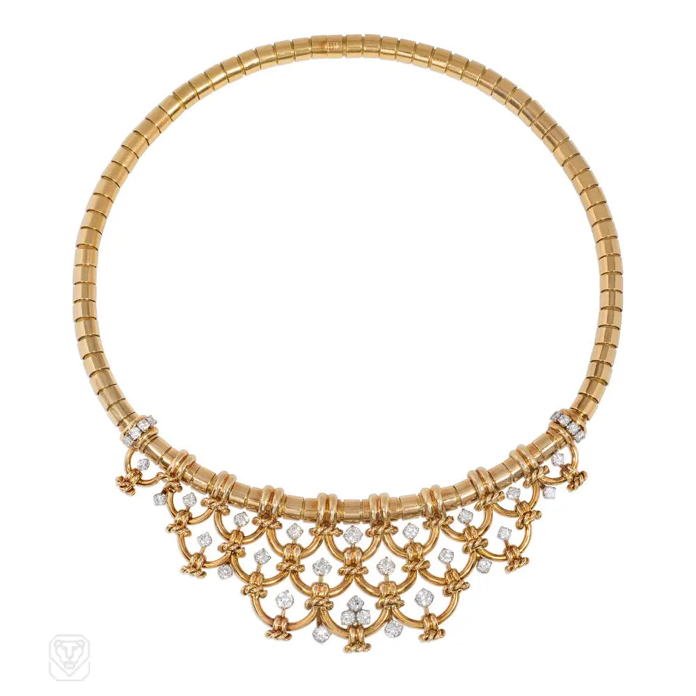 Silver Choker Necklace-1950s Verger Frères diamond and gold bib necklace