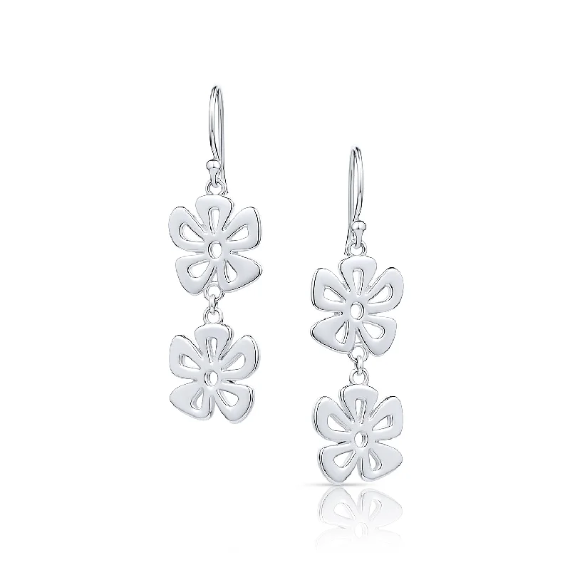 Silver Bead Drop Earrings-Double Mini Tiki Flower Earring