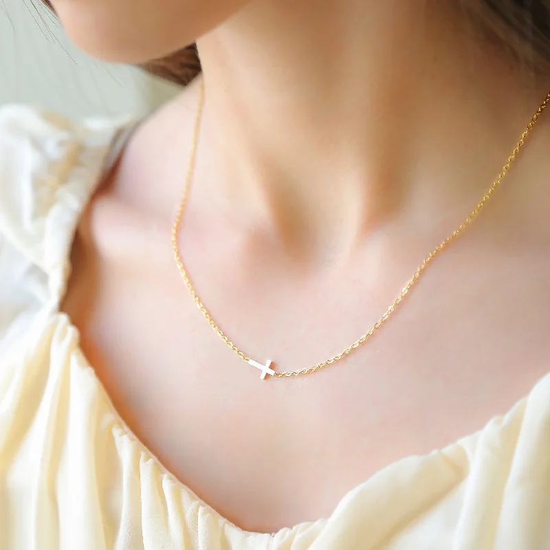 Heart Shaped Necklace-SIDE CROSS - 18k Gold Plated Cross Necklace