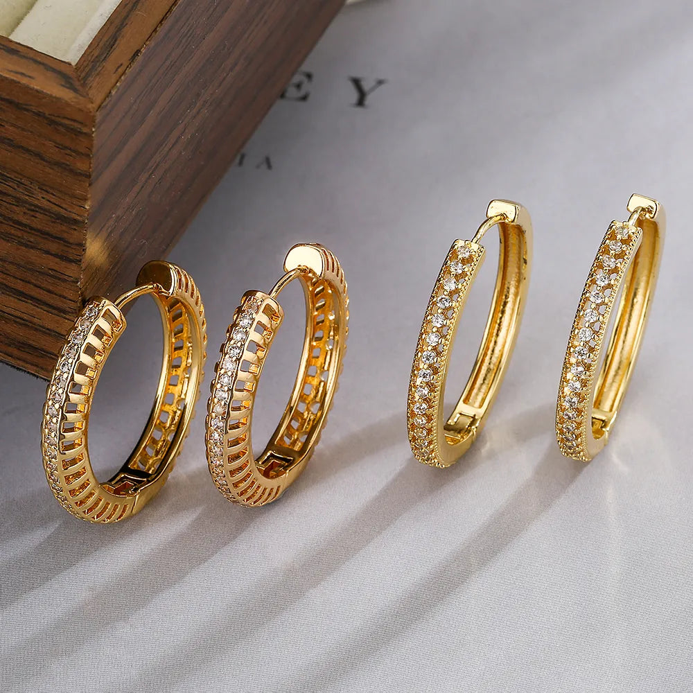 1 Pair Simple Style Round Plating Inlay Copper Zircon 18k Gold Plated Hoop Earrings