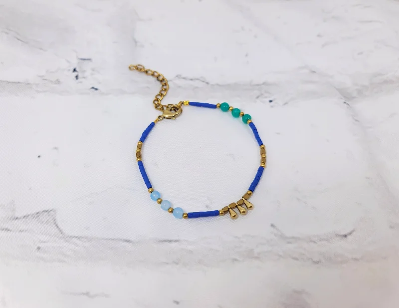 Leather and Gemstone Bracelet-Blue & Gold Droplet Bracelet