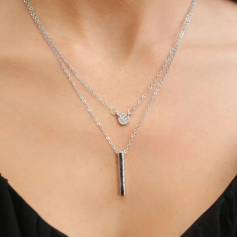 Elegant Diamond Necklace-CALISTA -  Silver Double Chain Necklace with Rod and Circular Charm