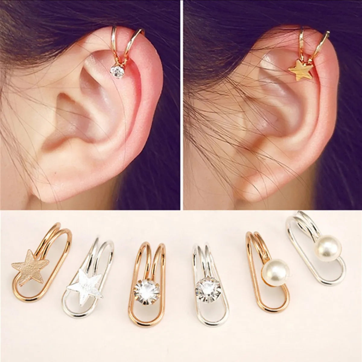 Korean Creative Pearl Earrings Temperament Single Diamond Star Ear Clip U-Shaped Ear Clip Single Set