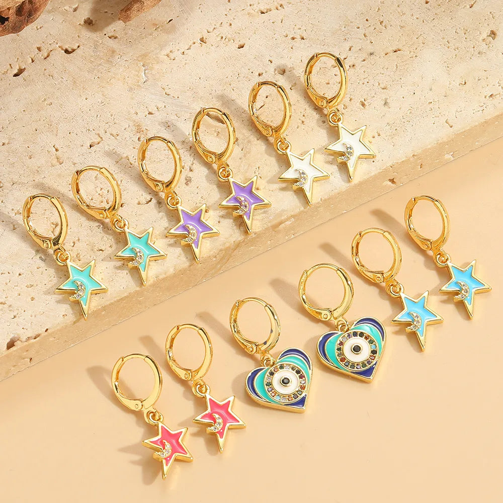 1 Pair Elegant Simple Style Commute Pentagram Heart Shape Eye Enamel Inlay Copper Zircon 14K Gold Plated Drop Earrings