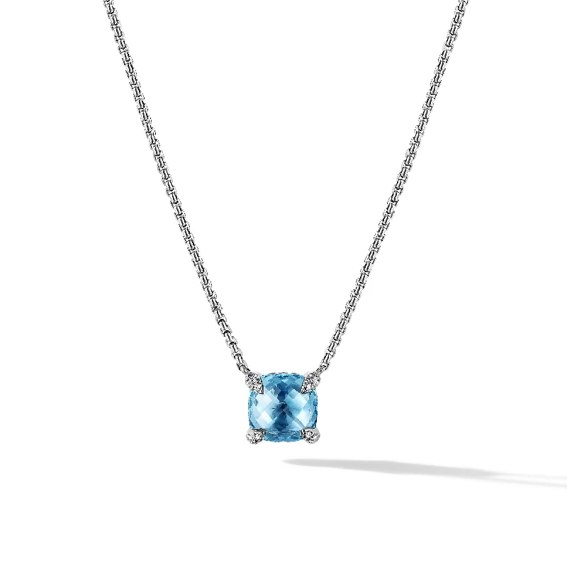 Geometric Crystal Necklace-Petite Chatelaine® Pendant Necklace in Sterling Silver with Blue Topaz and Diamonds\, 9mm