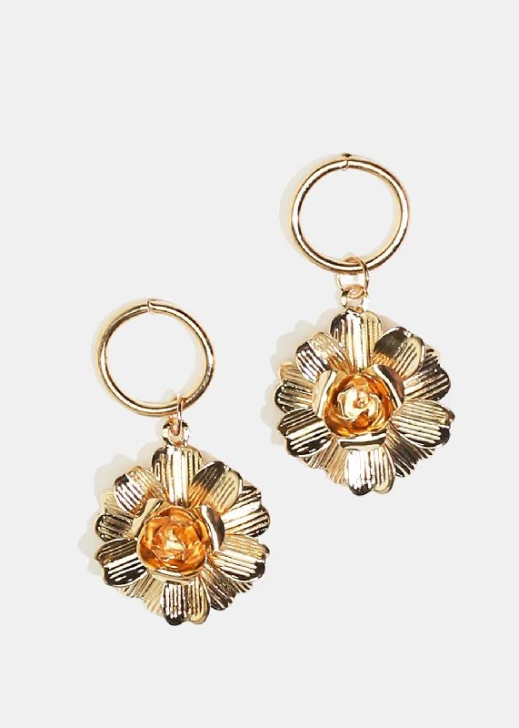 Designer Crystal Earrings-Metal Flower Dangle Earrings