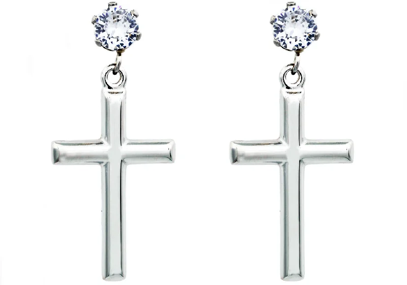 Gold and Diamond Earrings-Mens Polished Stainless Steel Cross Earrings with Cubic Zirconia