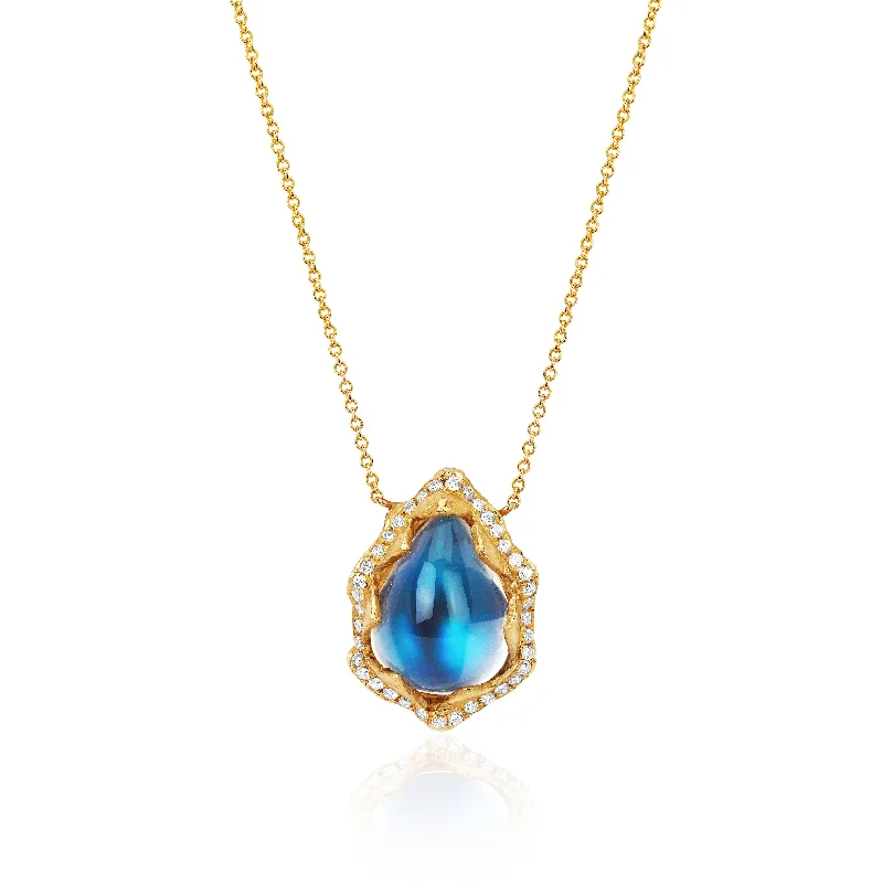 Silver Pendant Necklace with Gemstones-18k Queen Water Drop Blue Sheen Moonstone Necklace with Full Pavé Halo