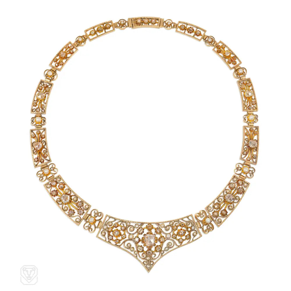 White Gold Necklace-Antique Portuguese diamond, gold, and pearl necklace