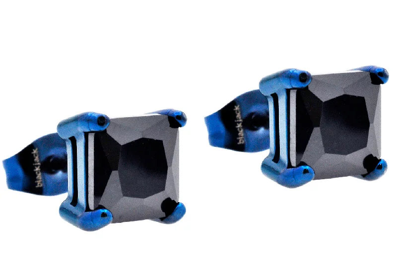 Fashion Earrings for Teenagers-Mens 7mm Black Cubic Zirconia Blue Stainless Steel Square Stud Earrings