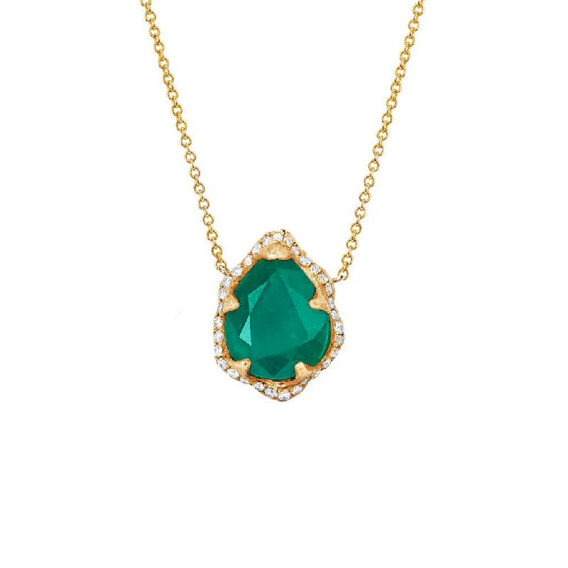 Elegant Pearl Necklace-18k Baby Queen Water Drop Colombian Emerald Necklace with Full Pavé Diamond Halo