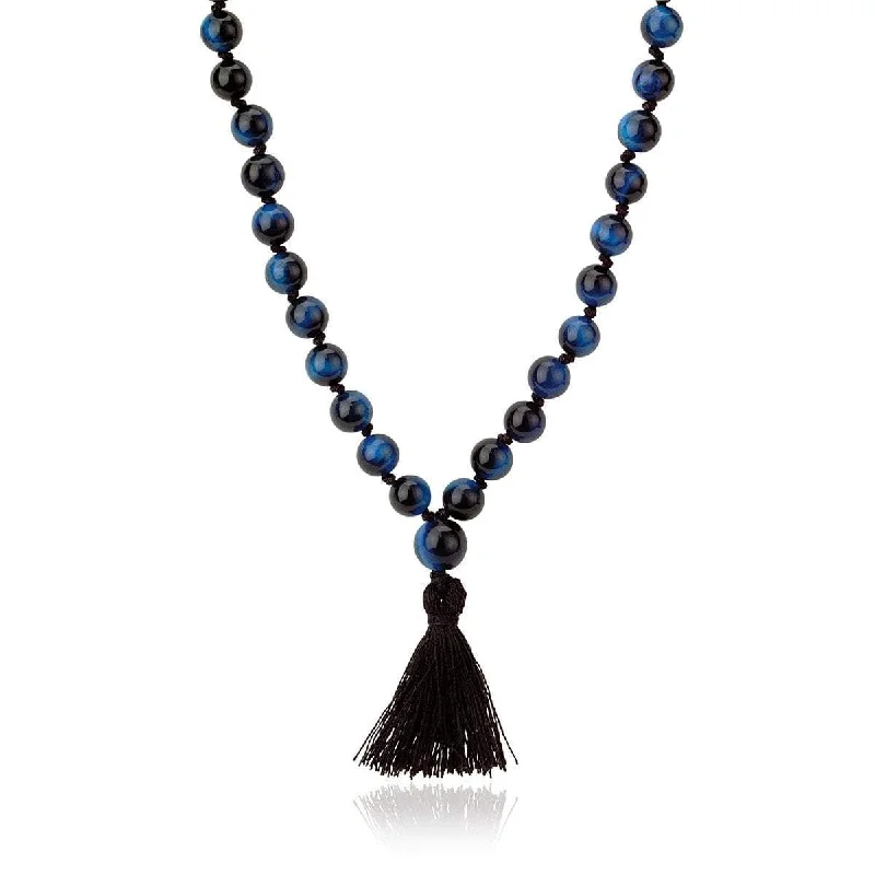 Customizable Gold Necklace-LH x JA Akasha Blue Tiger's Eye Mala Bead Tassel Necklace | Ready to Ship