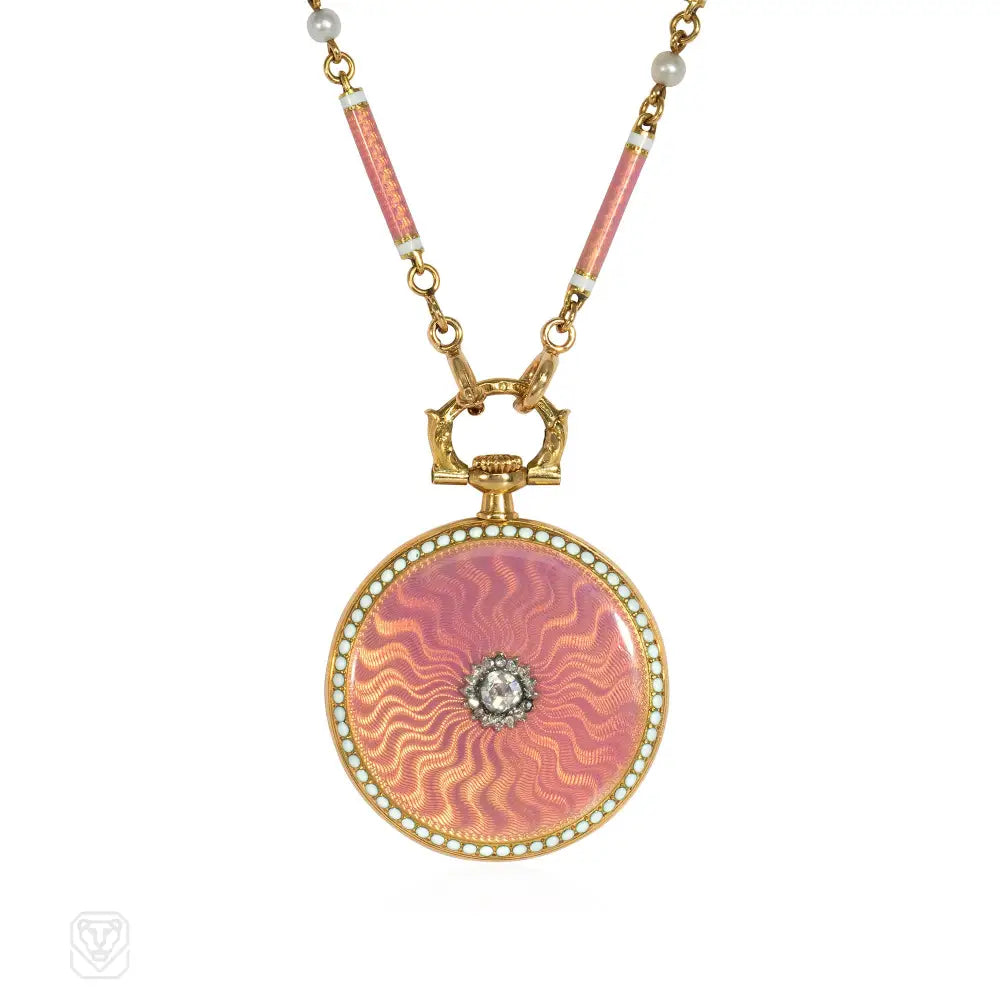 Designer Necklace for Weddings-Cartier Paris Belle Epoque pink enamel pendant watch necklace