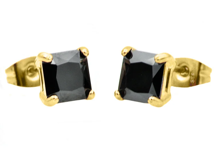 Rose Gold Drop Earrings-Mens 7mm Gold Plated Black Cubic Zirconia Gold Stainless Steel Square Stud Earrings