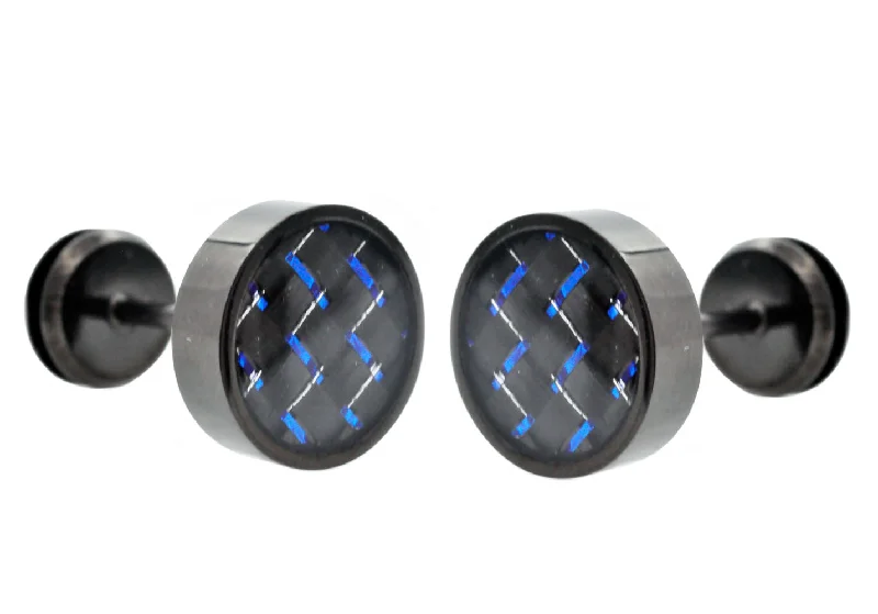 Large Diamond Earrings-Mens 9mm Black Plated Stainless Steel Earrings With Blue Carbon Fiber