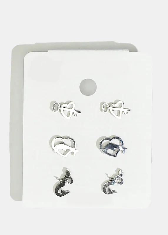 Sterling Silver Earrings-3-Pair Heart & Dolphin Stud Earrings